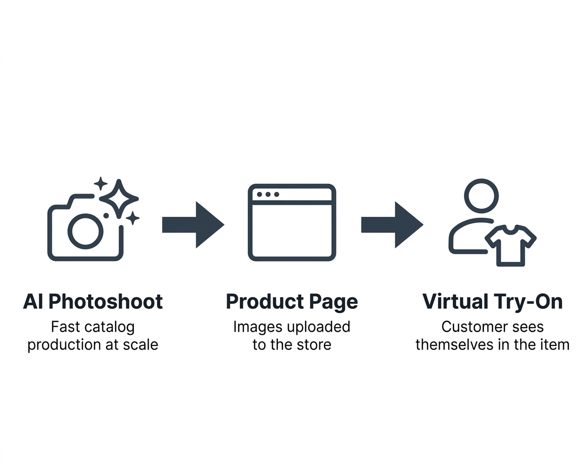 AI fashion content workflow - from AI photoshoot to virtual try-on on brand website