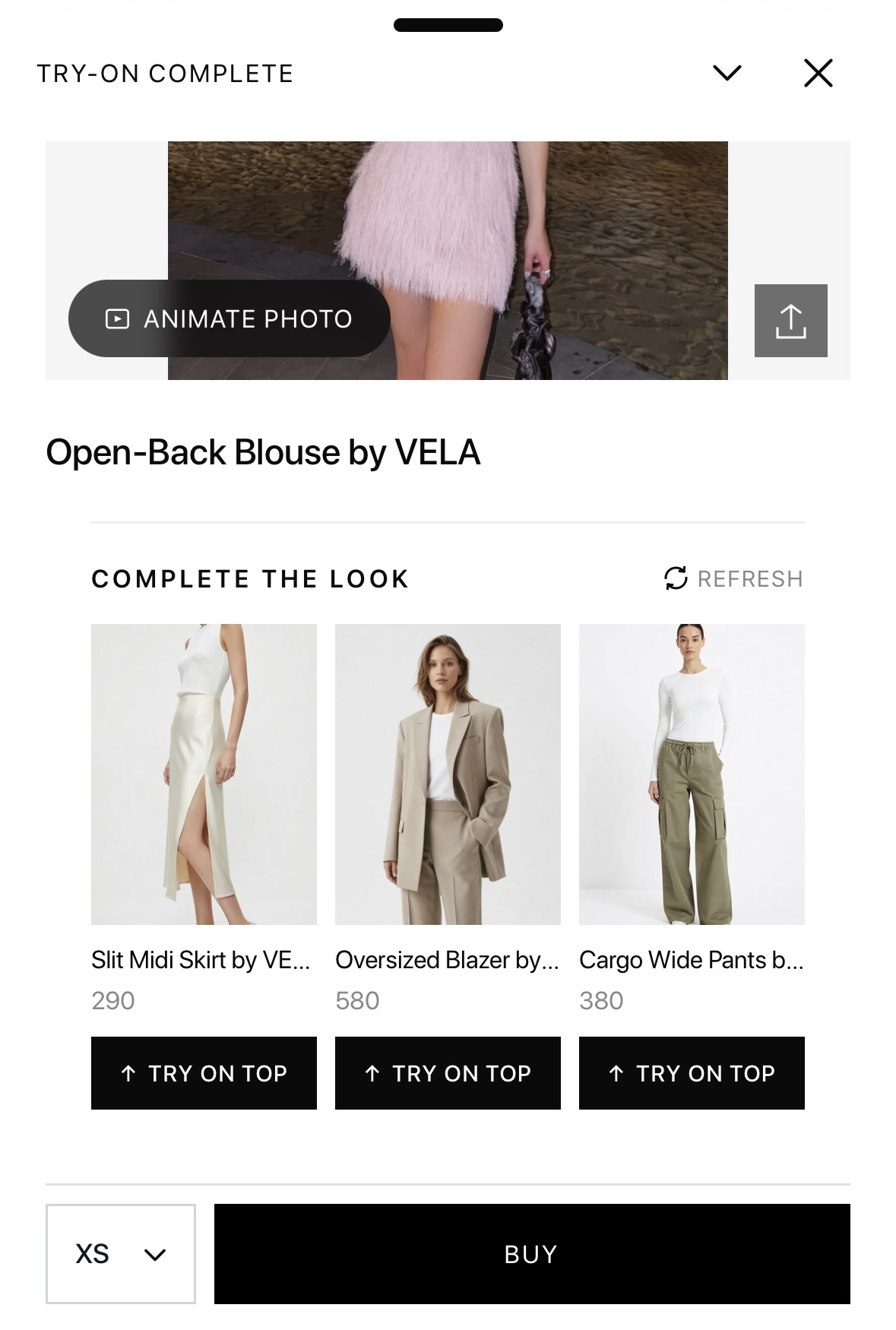 Looksy complete-the-look recommendations shown after an AI virtual try-on