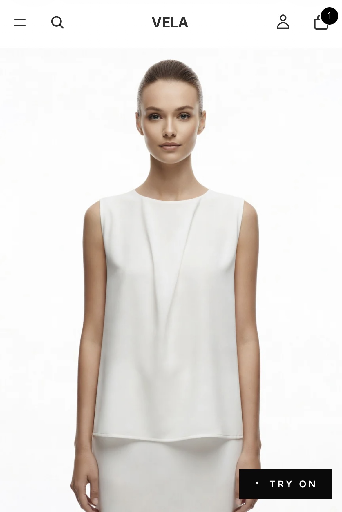Shopper choosing a white blouse and opening Looksy virtual try-on on a fashion store product page